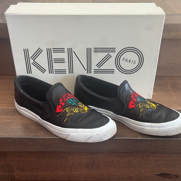 Kenzo Shoes - Kenzo Black Slip-Ons with Colorful Tiger Motif